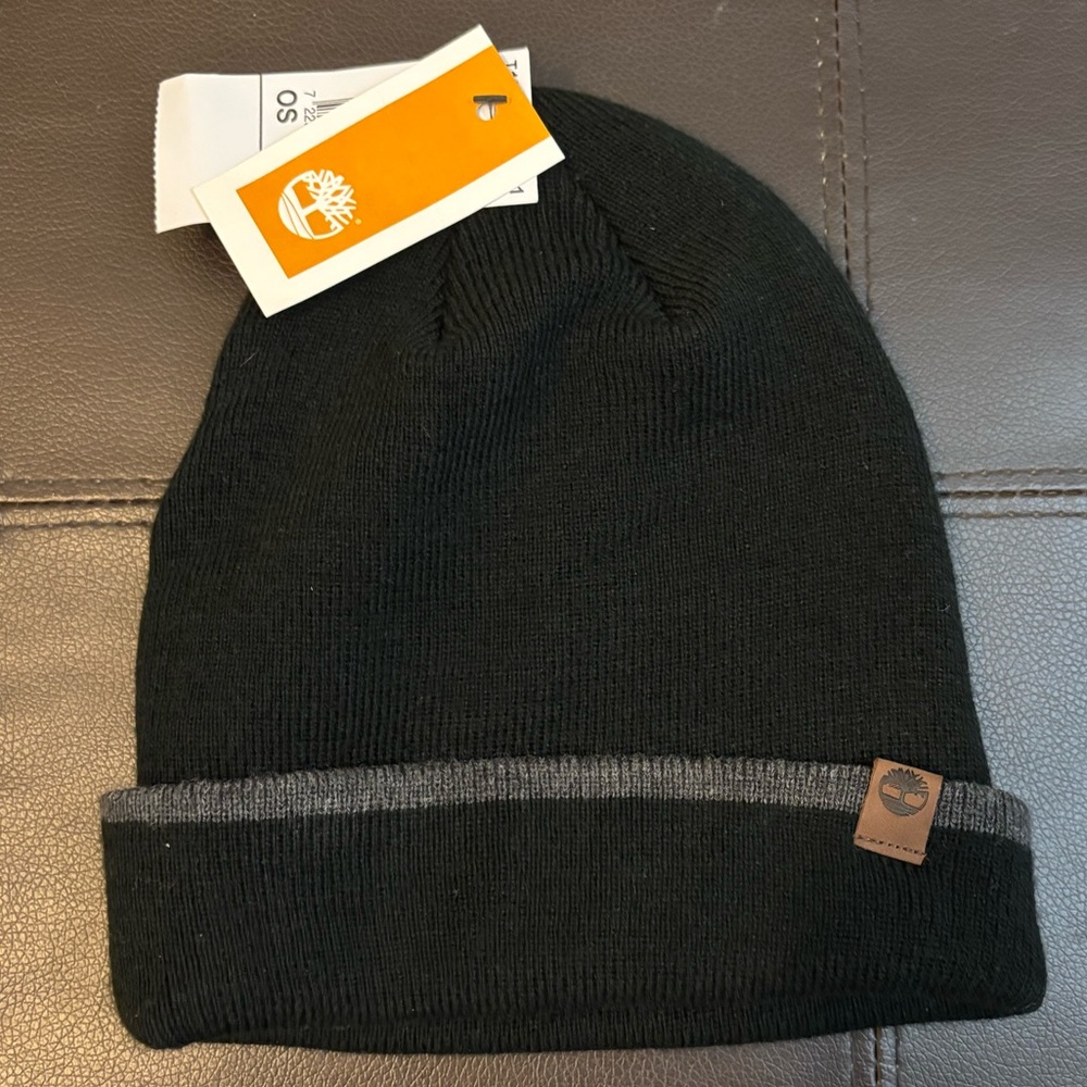 Timberland Cuff Knit Beanie Hat -Black w Grey Border - NWT